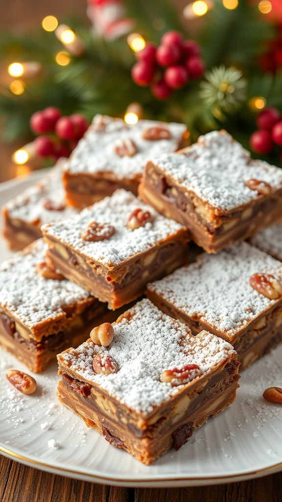 A plate of chocolate and nut Christmas squares dusted with powdered sugar, set in a festive holiday setting.